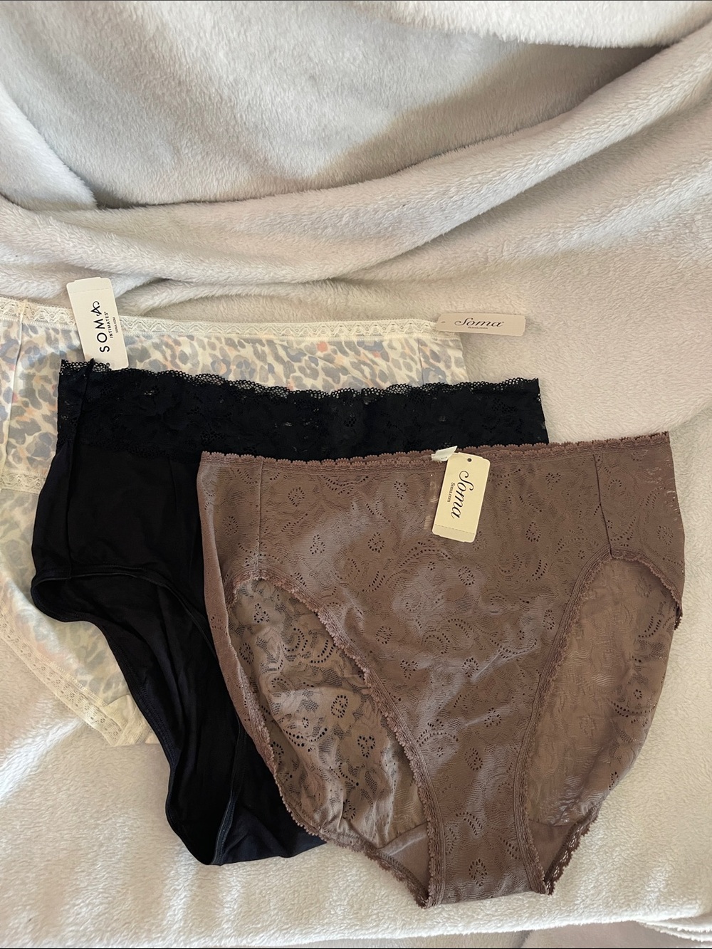 NWT 3 pair XL SomaHigh-Waist Briefs - Black, Cream, and brown.